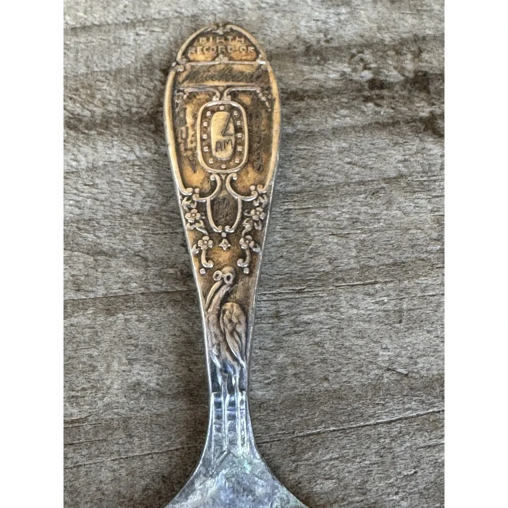 Vtg Silver-Plate WM Rogers‎ Birth Record Baby Spoon Stork Engraved Michael 1958